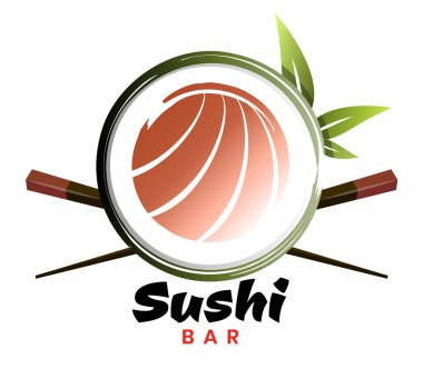 Yemek çubuğu ve bambu yapraklı suşi rulosu. Suşi restoranı için logo tasarımı. Vektör illüstrasyonu.