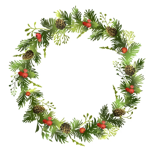 Couronne Épinette Noël Avec Des Baies Rouges Des Cônes Une — Image vectorielle