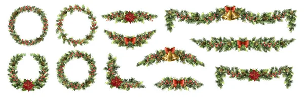 Noel çelenkleri, noktalı çelenkler, kırmızı böğürtlenler, koniler ve Noel çanları..