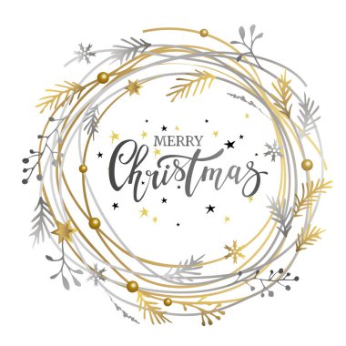 Üzerinde yazı olan altın-gümüş bir Noel çelengi. Tasarımın için bir element. Noel çerçevesi.