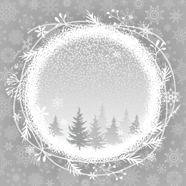 Gray Christmas banner template for your festive design. Circle Christmas frame with spruce trees, snow, snowflakes. — Stock Vector