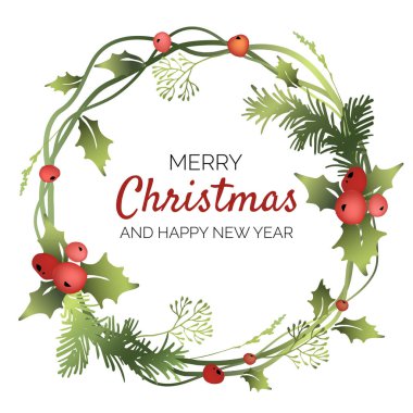 Ökseotu yaprakları, köknar dalları ve kutsal meyvelerle dekoratif Noel çerçevesi..