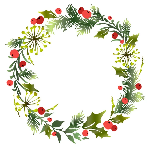 Corona decorativa de Navidad con hojas de muérdago, ramas de abeto y bayas de acebo. — Vector de stock