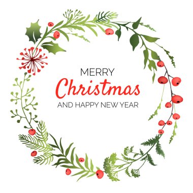 Çiçekli Noel kırmızı-yeşil çerçevesi. Dekoratif çiçek çelengi. Vektör illüstrasyonu.