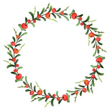 Kırmızı dutlu dekoratif çelenk. Noel çelengi. Böğürtlenli çerçeve.