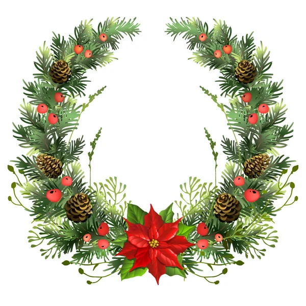 Couronne Noël Avec Poinsettia Feuilles Gui Branches Sapin Baies Houx — Image vectorielle