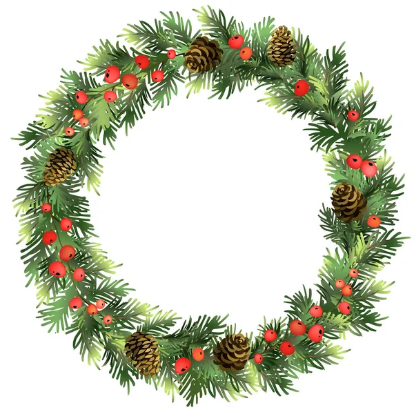 Kırmızı böğürtlenli Noel çelengi. Çam çelengi. Yeni yıl çelengi. Dekoratif unsur. Vektör illüstrasyonu.