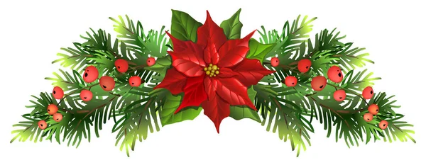 Guirlande Sapin Noël Avec Fleur Poinsettia Baies Rouges Illustration Vectorielle — Image vectorielle