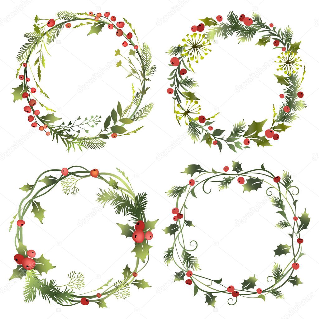 Set of decorative Christmas wreaths with mistletoe leaves, fir branches and holly berries. Vector illustration.