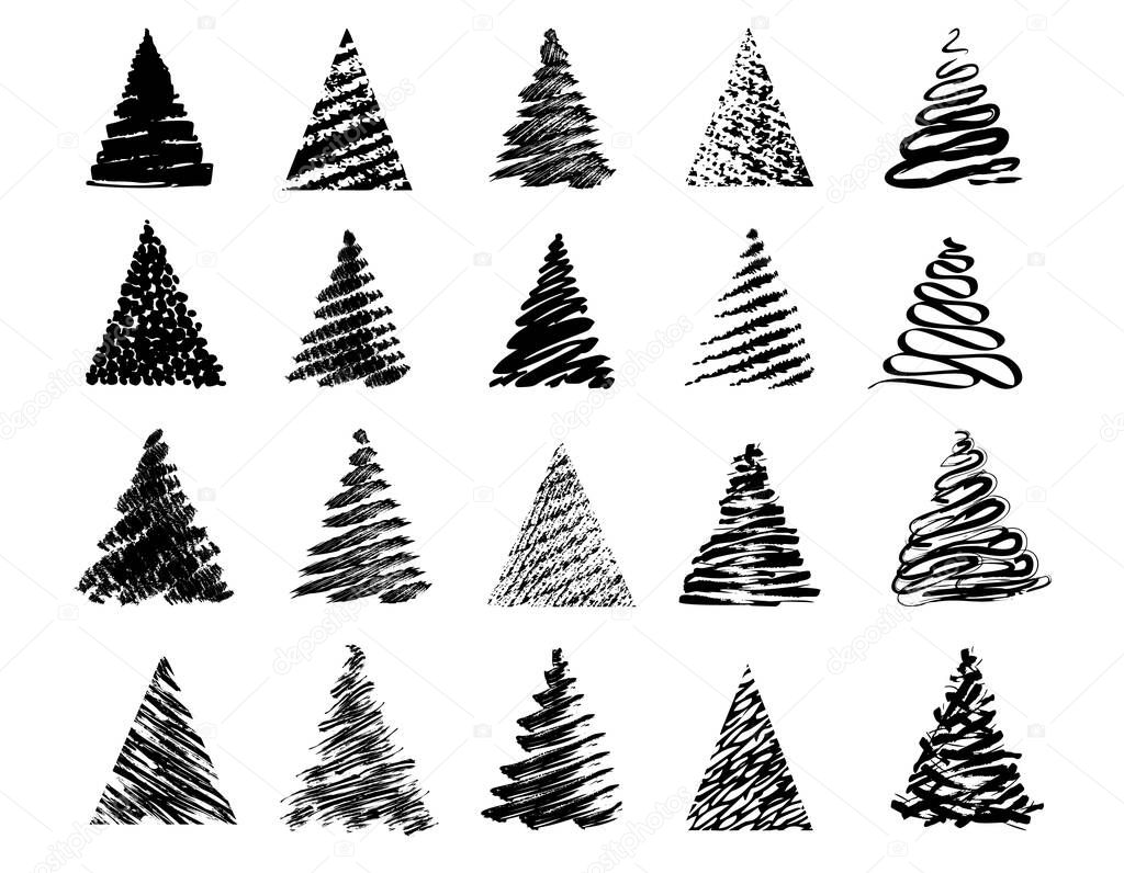 Decorative abstract black silhouettes of christmas trees. Fir tree. Pine tree. Spruce tree. Vector illustration.