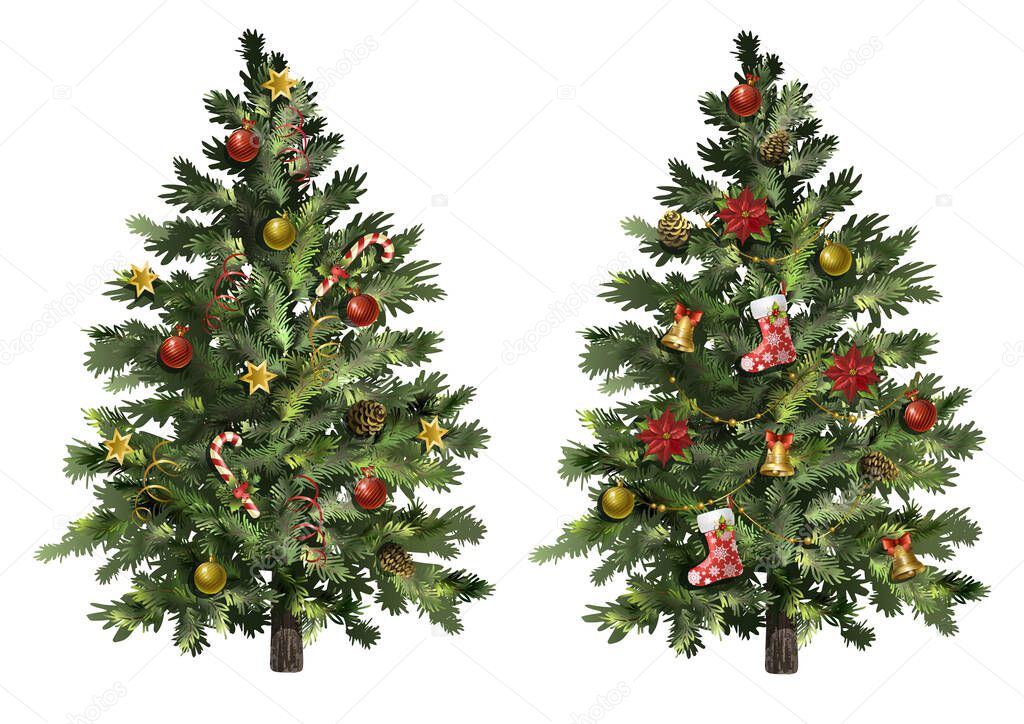 Two decorated Christmas tree with star, socks, balls, garland, isolated on white background. New Year and Merry Christmas greeting card, poster, icon. Vector illustration.