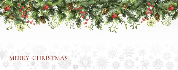 Noel, yılbaşı sınırı Noel ağacı dalları, kutsal böğürtlen ve koni ile. Noel arkaplanı. Vektör illüstrasyonu.