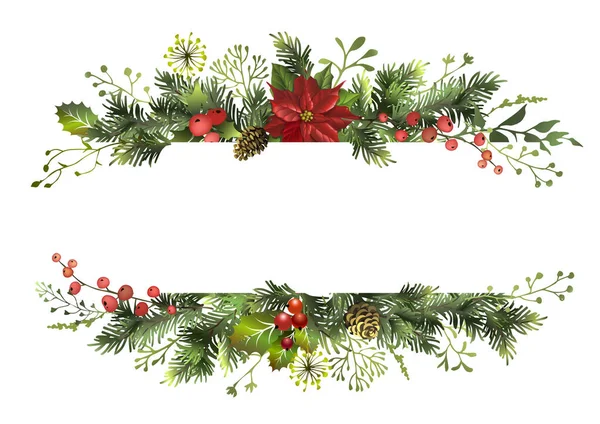 Noel afişi, köknar dalları, noktalı çiçek, kutsal çilek ve yazı için yer. Kartpostal Noel arkaplanı. Vektör illüstrasyonu.