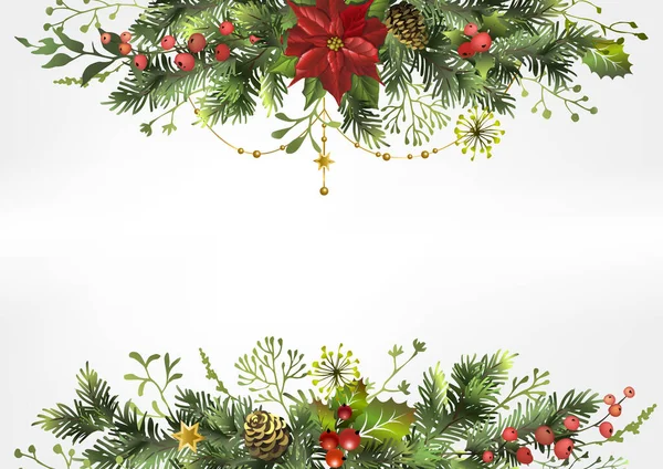 圣诞横幅模板与冷杉枝条 一品红花 冬青浆果和文字空间 明信片 圣诞背景 矢量说明 — 图库矢量图片
