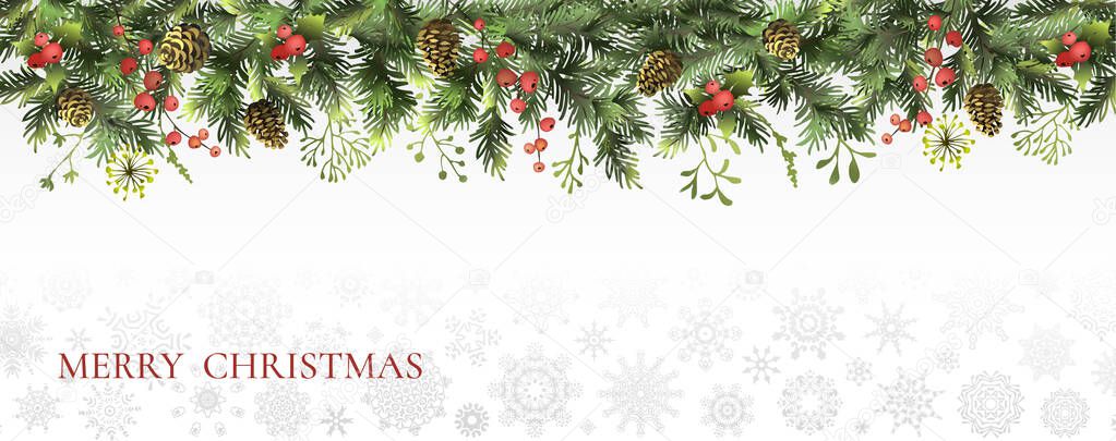 Christmas, New Year border with branches of Christmas tree, holly berries and cones. Christmas background. Vector illustration.