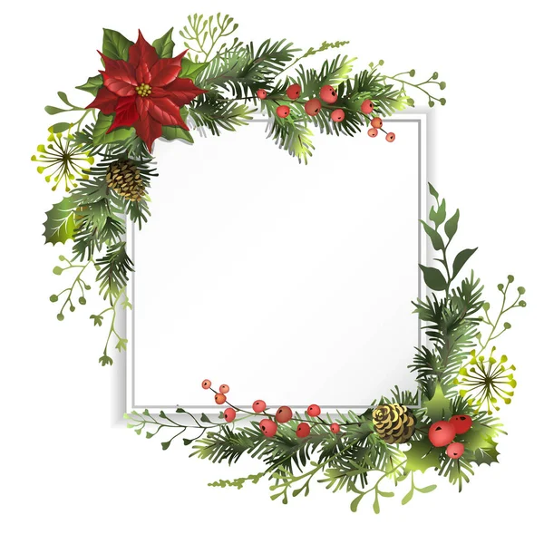 Yılbaşı şablonu köknar dalları, poinsettia, kırmızı böğürtlen ve koni. Vektör illüstrasyonu.