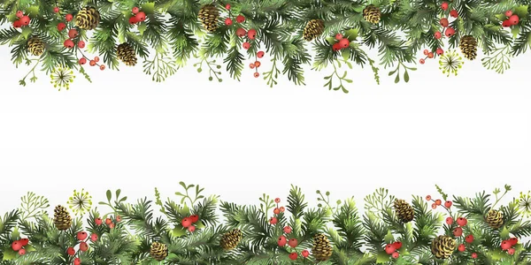 Weihnachten Neujahr Grenze Mit Zweigen Des Weihnachtsbaums Stechpalmen Zapfen Und — Stockvektor