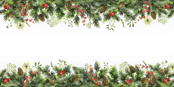 Noel, Noel ağacı dalları, kutsal böğürtlenler, külahlar ve yazı için yer olan yeni yıl sınırı. Noel arkaplanı. Vektör illüstrasyonu.