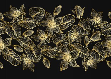 Siyah-altın rengi, dikişsiz çiçek deseni. Altın çiçekler.