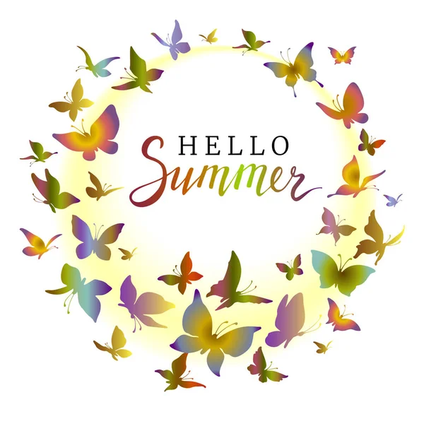 Silhouettes de papillons colorés volant en cercle. Cadre avec des papillons colorés. Bonjour bannière d'été. — Image vectorielle