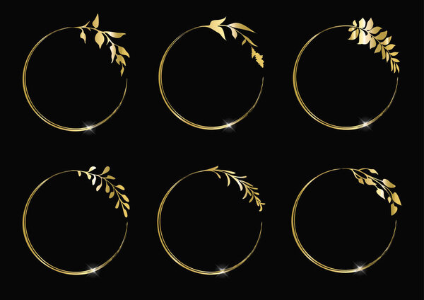 Floral gold circle frames. Round frames with herbs and leaves.