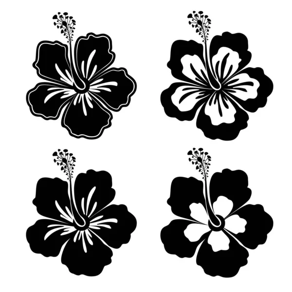 Conjunto de flores de hibisco preto-branco. Elementos de design plano. Ilustração vetorial — Vetor de Stock