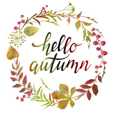 Yaprakları, böğürtlenleri ve yazıtları olan renkli bir çelenk..