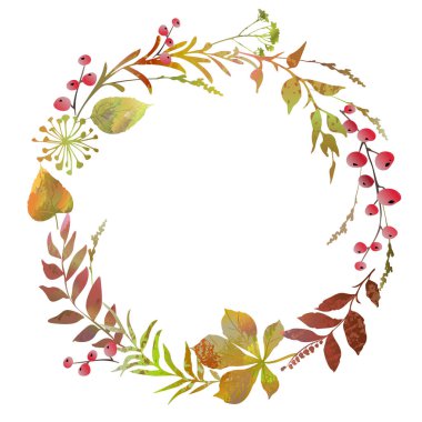 Yaprak ve böğürtlenli renkli sonbahar çelengi. Vektör illüstrasyonu