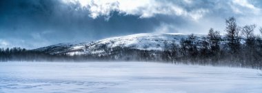 İsveç Laponya 'sında dağ karının panoramik görüntüsü. Güneşli bir gün, yüksek dağ sıraları ve alçak seviyelerde vahşi kutup huş ağaçları. Yüksek hız bulutları ve sürüklenen kar. İskandinav dağları.
