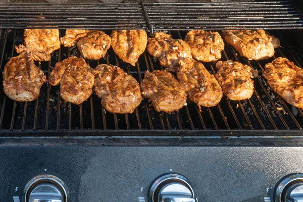 Duas Fileiras Saborosos Peitos Frango Grelhados Grelha Carne Coberta Por — Fotografia de Stock