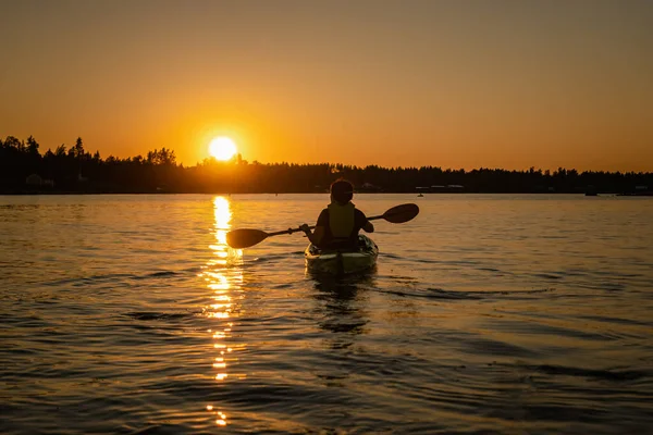 Girl Kayaking Taking Pause Calm Sea Midnight Northern Sweden Light — Stock Photo, Image