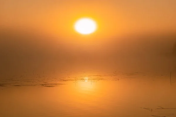Landschaftlich Nebliger Sonnenaufgang Über Dem See Mit Großer Orangefarbener Sonne — Stockfoto