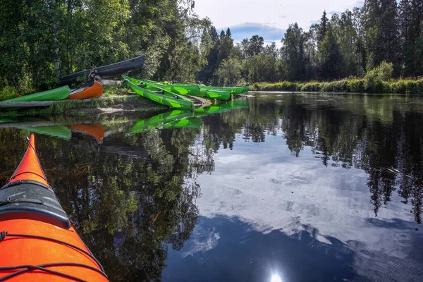 Muita Canoa Estacionada Margem Rio Sob Árvores Borda Floresta Canoas — Fotografia de Stock