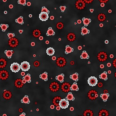 Rengarenk çiçekli desenler, el boyası gibi görünüyor. Kırmızı, gri yapraklı gül çiçekleri yumuşak siyah arka planda. Duvar kağıdı, ambalaj, tekstil dokusu