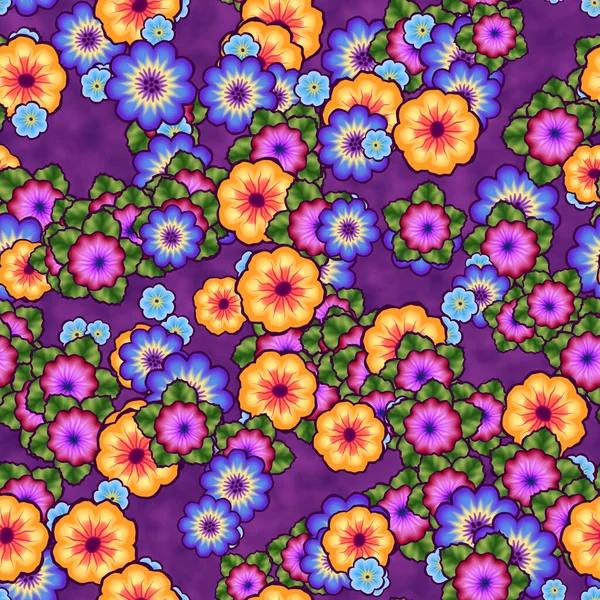 Blooming vivid colored seamless floral patterns, looking like hand painted. Yellow orange, blue and rose flowers with green leaves on soft violet background. Texture for wallpaper, packaging, textile