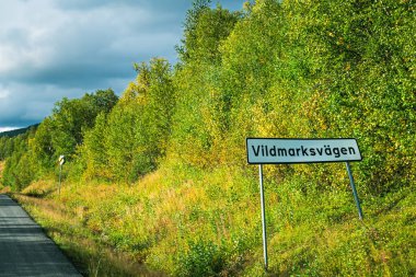 İsveç 'in kuzeyindeki Laponya' nın kırsal kesimindeki dramatik bir gökyüzü altında yeşil ve sarı sonbahar ağaçlarının ve vahşi manzaraların arasından geçen boş asfalt bir yol boyunca duran Vildmarksvagen yol tabelası.