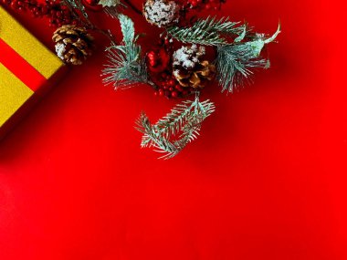 Firavun dalları, koniler, kurdele, kırmızı zemin üzerinde hediye kutusu. Yeni yıl konsepti. Arka plan için fotoğraf..