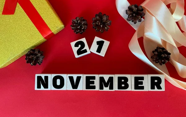 Ноября Деревянных Кубиках Красном Фоне Осень Календарь Ноябрь — стоковое фото