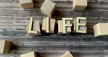 Tahta bir arka planda tahta küplerde ahşap harflerle hayat..