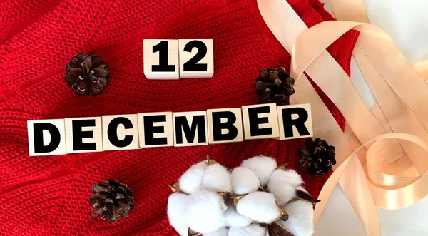 December Wooden Cubes Next Cones Cotton Tape Winter Calendar December — Foto Stock