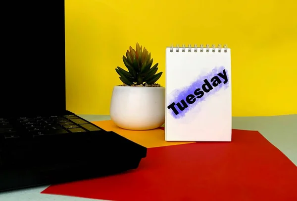 Martedì Blocco Note Bianco Accanto Fiore Vaso Laptop Sulla Scrivania — Foto Stock