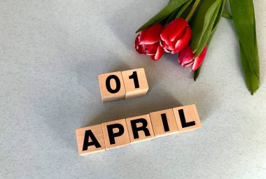 April 1 on cubes of wood on a gray-blue background.Spring.Calendar for April.