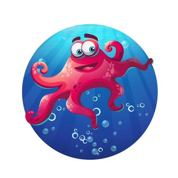 Pulpo cómico de dibujos animados subacuáticos en el océano — Vector de stock