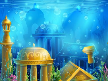 Atlantis. Seamless submerged underwater city, the gold ancient clipart