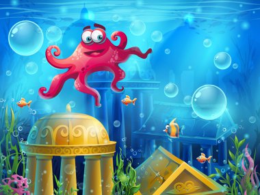 Atlantis kalıntıları karikatür ahtapot - vektör arka plan illüstrasyon