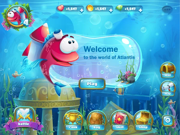 Ruines Atlantis avec fusée à poissons - menu GUI — Image vectorielle