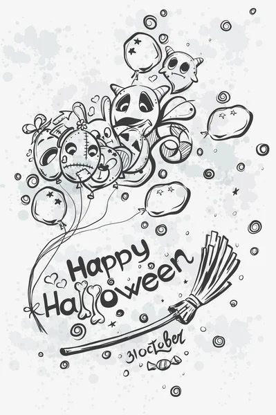 Fantasma con bolas en palo de escoba - garabatos de Halloween — Vector de stock