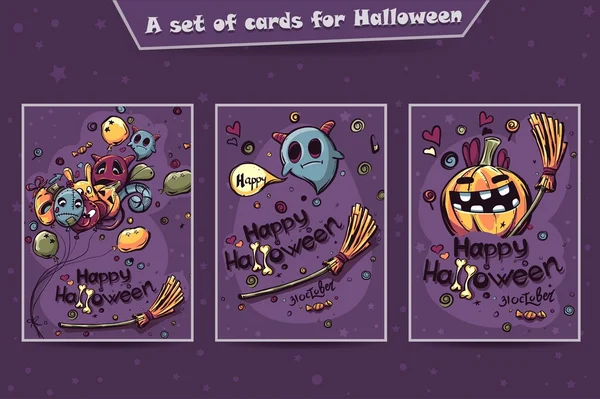 Set kaarten die Halloween doodles — Stockvector