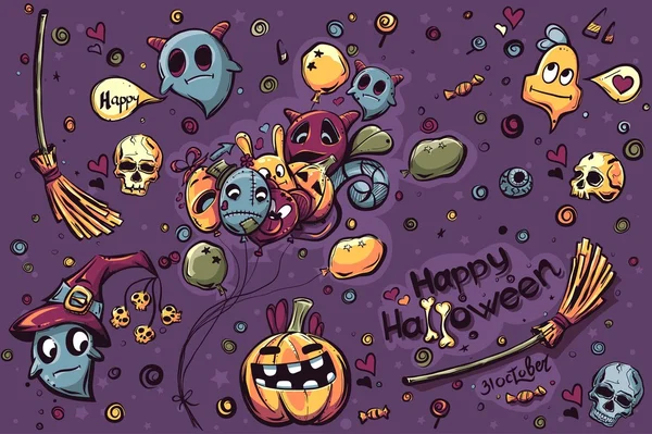 Fondo coloreado dibujado a mano garabatos de Halloween — Vector de stock