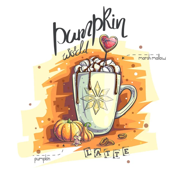 Ilustración Fondo Vectorial Pumpkin World Una Taza Con Malvaviscos Chocolate — Archivo Imágenes Vectoriales